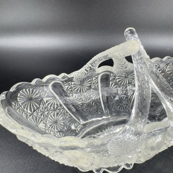 Fenton Glass Clear Daisy Button Basket Split Twig Handle Manganese 365nm Glow UV - Picture 11 of 15